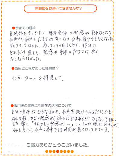 ほてり・原因不明の微熱の直筆体験談